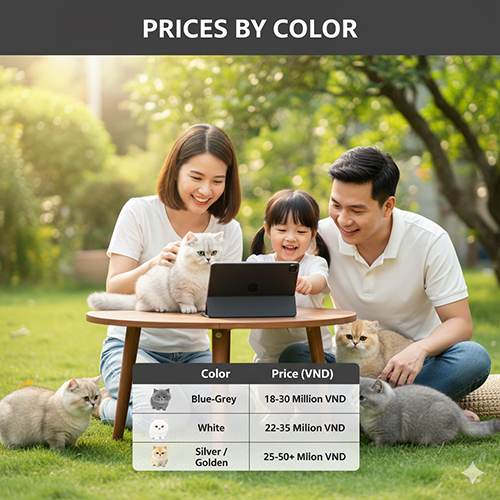 Giá mèo Anh lông ngắn chân ngắn theo màu sắc 2025 – xám xanh, trắng, bicolor, silver và golden