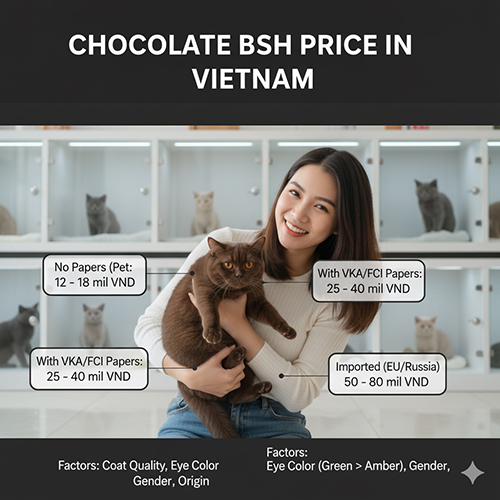 Bảng giá mèo Anh lông ngắn Chocolate tại Việt Nam theo loại pet, có giấy VKA/FCI và mèo nhập khẩu