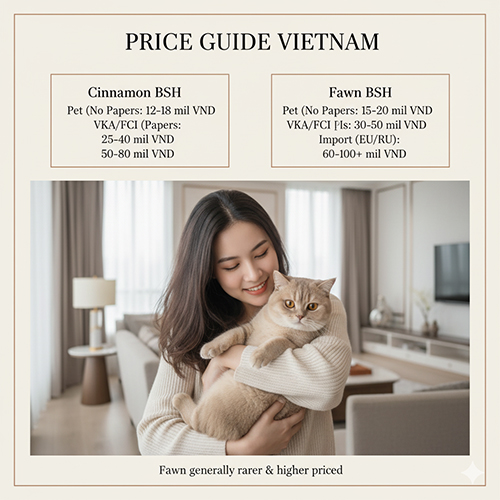 Bảng giá mèo Anh lông ngắn Cinnamon & Fawn tại Việt Nam theo loại pet, có giấy VKA/FCI và mèo nhập khẩu