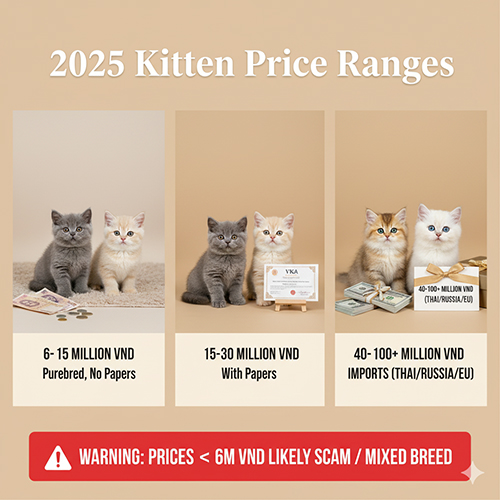 Infographic khoảng giá mèo Anh lông ngắn con 2025 với ba nhóm: thuần không giấy, có giấy VKA/TICA/CFA và nhập khẩu; kèm cảnh báo giá dưới 6 triệu dễ là lừa đảo hoặc mèo lai.