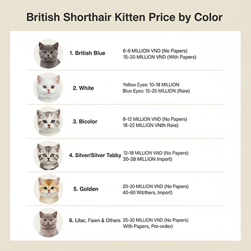 Infographic giá mèo Anh lông ngắn con 2025 theo màu: xám xanh, trắng, bicolor, silver/silver tabby, golden, lilac/fawn/hiếm; kèm khoảng giá có giấy và không giấy.