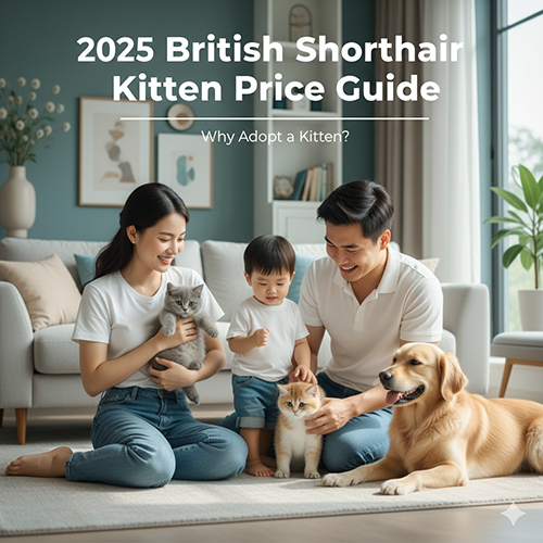 Ảnh đại diện giá mèo Anh lông ngắn con 2025 – gia đình chơi với hai mèo con trong phòng khách, có chó Golden Retriever nằm cạnh, phong cách ấm áp hiện đại.