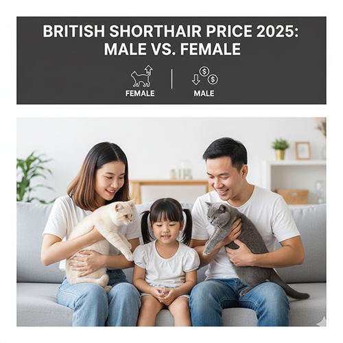 Ảnh đại diện bài “Giá mèo Anh lông ngắn đực và cái 2025” – gia đình Việt ôm hai mèo British Shorthair màu kem và xám, minh họa so sánh giá theo giới tính
