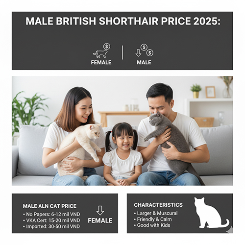 Infographic giá mèo Anh lông ngắn đực 2025 với gia đình ôm hai mèo BSH, so sánh đực vs cái và bảng giá theo giấy tờ