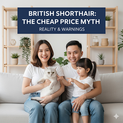 Gia đình ôm mèo Anh lông ngắn (British Shorthair) trong phòng khách – minh họa bài viết giá rẻ, sự thật và cảnh báo lừa đảo, rủi ro sức khỏe.
