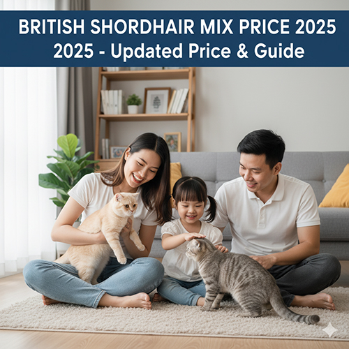 Gia đình vui đùa với hai mèo Anh lông ngắn lai trong phòng khách – minh họa bài viết giá British Shorthair mix năm 2025 và hướng dẫn mua.