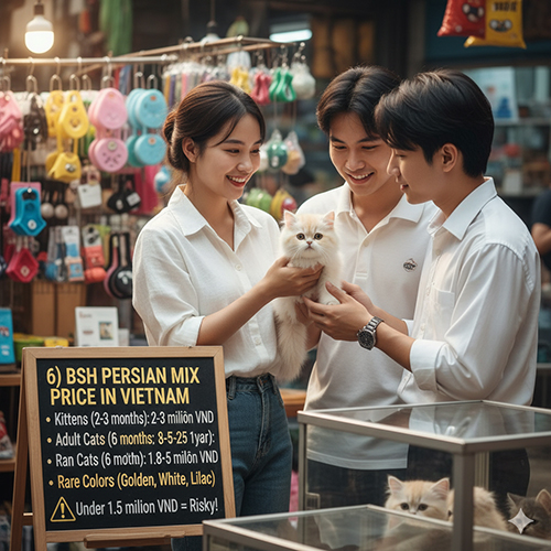 Ba bạn trẻ xem và bế mèo Anh lông ngắn lai Ba Tư con tại cửa hàng thú cưng ở Việt Nam