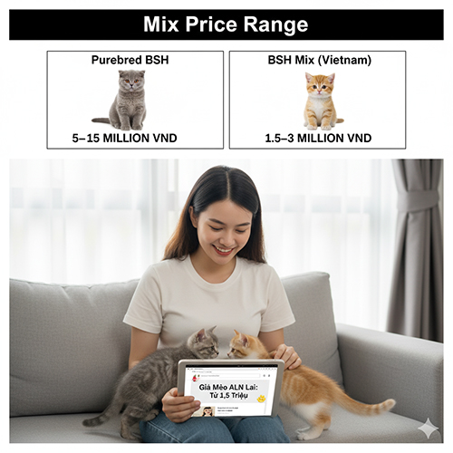 Người phụ nữ ngồi trên sofa cùng hai chú mèo Anh lông ngắn lai mèo ta, trên tay cầm bảng giá mèo ALN lai từ 1,5 triệu đồng