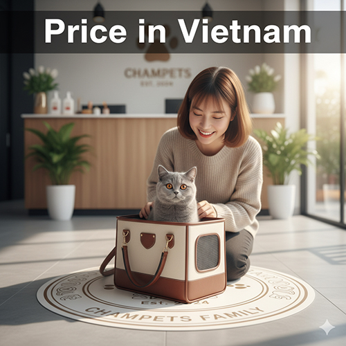 Cô gái vui vẻ bên mèo Anh lông ngắn lai Munchkin trong túi vận chuyển tại Chạm Pets Family