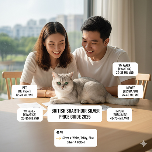 Bảng giá mèo Anh lông ngắn silver 2025 theo nguồn gốc và giấy tờ
