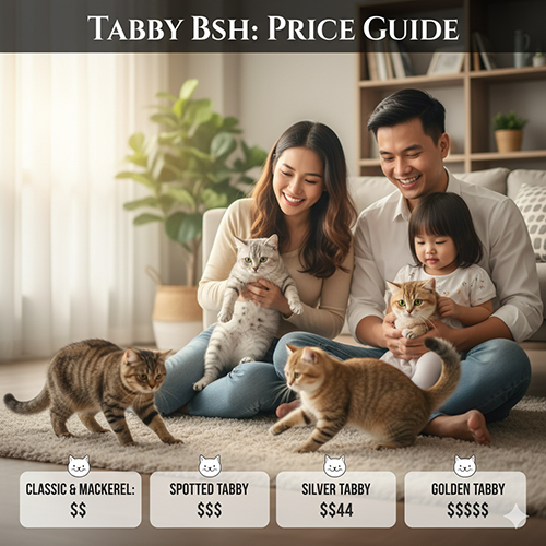 Bảng giá mèo Anh lông ngắn tabby gồm classic, mackerel, spotted, silver và golden với mức giá khác nhau