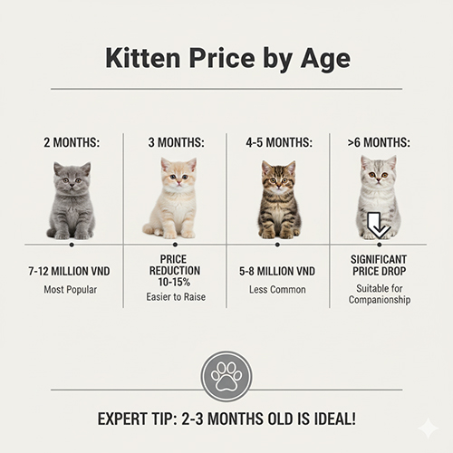 Infographic giá mèo Anh lông ngắn theo độ tuổi: 2 tháng 7–12 triệu; 3 tháng giảm 10–15%; 4–5 tháng 5–8 triệu; trên 6 tháng giảm mạnh