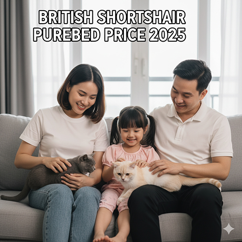 Gia đình vui vẻ cùng hai mèo Anh lông ngắn thuần chủng trên ghế sofa, minh họa bài viết giá British Shorthair 2025 mới nhất.