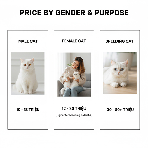 Giá mèo Anh lông ngắn trắng theo giới tính và mục đích nuôi