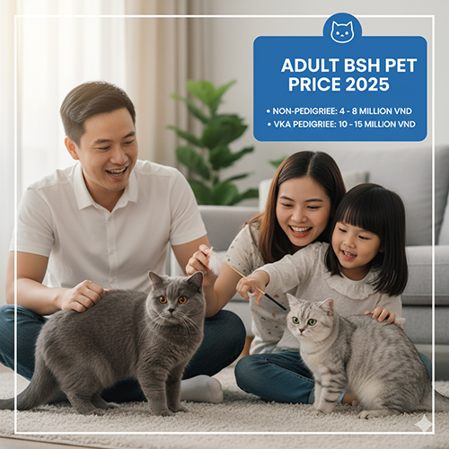 Giá mèo Anh lông ngắn trưởng thành 2025, bảng giá chi tiết; khung thông tin “Non-pedigree 4–8 triệu VND, VKA 10–15 triệu VND”; hình gia đình chơi cùng 2 mèo British Shorthair màu xám trong phòng khách sáng.