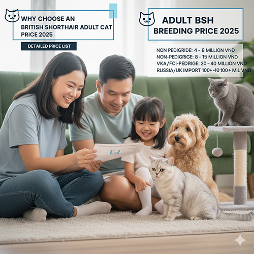 Gia đình xem giấy tờ trong phòng khách, xung quanh có ba mèo Anh lông ngắn; khung chữ nêu giá mèo giống BSH 2025.