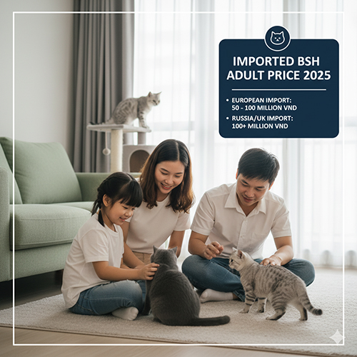 Gia đình chơi với ba mèo Anh lông ngắn (British Shorthair) trưởng thành trong phòng khách; khung chữ ghi giá nhập khẩu 2025: châu Âu 50–100 triệu, Nga/Anh 100+ triệu.