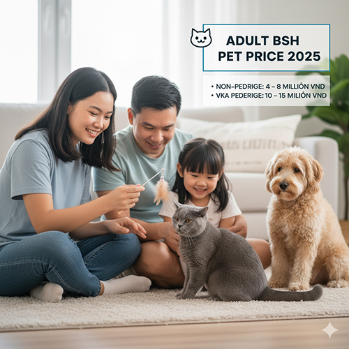 Gia đình chơi với mèo Anh lông ngắn trưởng thành trong phòng khách; khung chữ nêu giá 2025: không giấy 4–8 triệu, có giấy VKA 10–15 triệu.