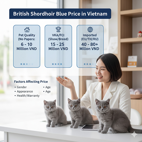 Giá mèo Anh lông ngắn xám xanh (British Shorthair Blue) tại Việt Nam theo phân khúc pet, có giấy VKA/FCI và nhập khẩu.