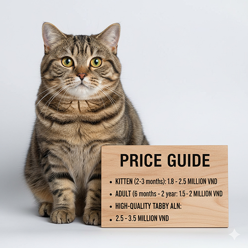 Mèo mướp lai mèo Anh lông ngắn ngồi cạnh bảng giá bằng gỗ ghi rõ mức giá từng độ tuổi