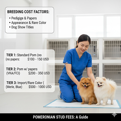Nhân viên thú y chăm sóc hai chú chó Phốc Sóc, minh họa bảng giá phối giống Pom tại Việt Nam từ 2–20 triệu/lần tùy phả hệ và màu sắc.