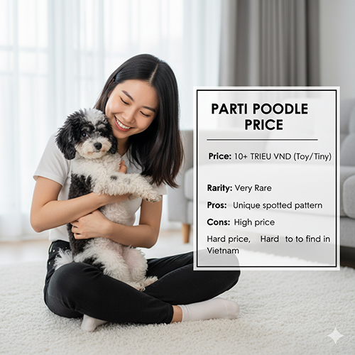 Giá Poodle bò sữa (Parti) 2025 – Màu hiếm với bộ lông 2 màu, giá từ 10+ triệu tại Việt Nam