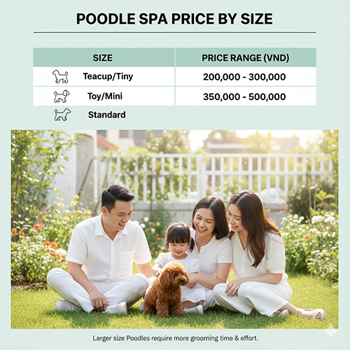 Bảng giá spa cho chó Poodle theo size Teacup, Tiny, Toy, Mini, Standard