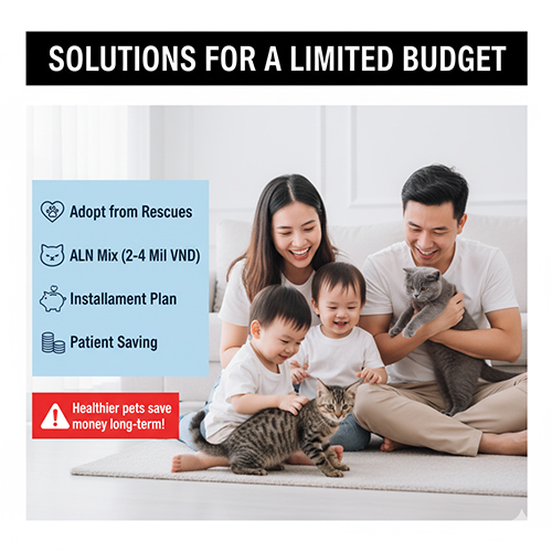 Gia đình vui đùa cùng hai bé mèo xám và mướp, minh họa giải pháp cho người có ngân sách thấp muốn nuôi British Shorthair.