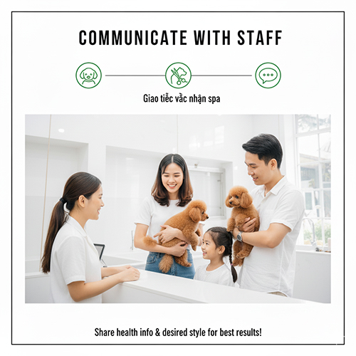 Giao tiếp với nhân viên spa để chọn sản phẩm và kiểu lông phù hợp cho Poodle
