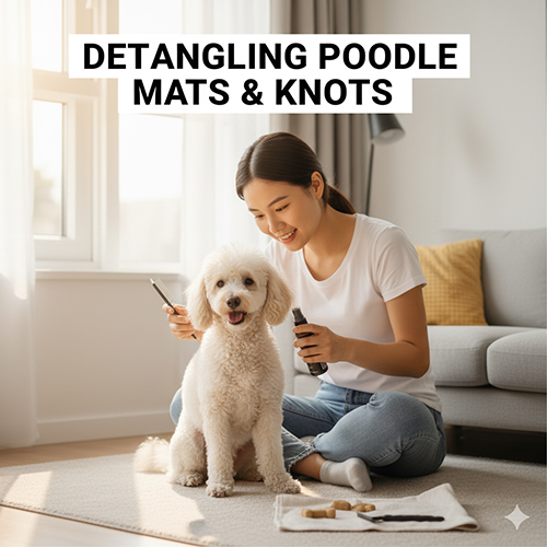 Chủ nhân dùng lược và dung dịch xịt để gỡ rối lông xoăn cho chó Poodle tại nhà