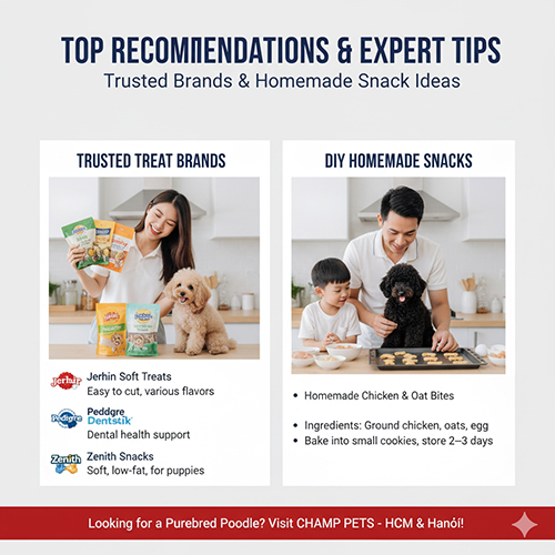 Gợi ý thương hiệu bánh thưởng Poodle uy tín và cách làm snack homemade từ thịt gà, yến mạch, trứng.