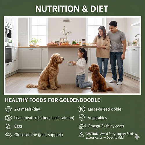 Chế độ ăn uống của Goldendoodle – Poodle lai Golden: 2–3 bữa/ngày, thịt nạc, rau củ, bổ sung omega-3 và glucosamine