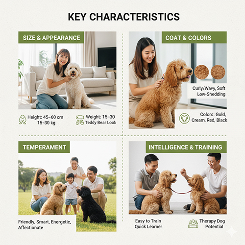 Đặc điểm nổi bật của Goldendoodle – Poodle lai Golden: kích thước 45–60 cm, lông xoăn mềm, ít rụng, dáng teddy bear
