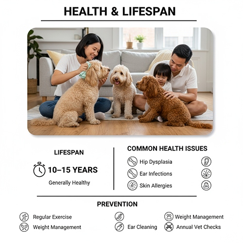 Tuổi thọ & sức khỏe Goldendoodle – Poodle lai Golden sống 10–15 năm, dễ bị loạn sản hông, viêm tai, dị ứng da