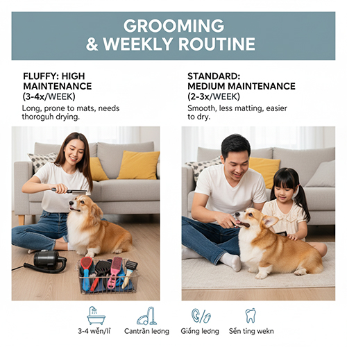 So sánh grooming Fluffy Corgi và Standard Corgi, minh họa lịch chải và chăm sóc hàng tuần cùng gia đình