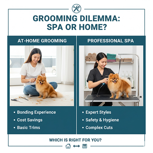 Cô gái so sánh grooming tại nhà và spa cho Phốc Sóc, nêu ưu nhược điểm.