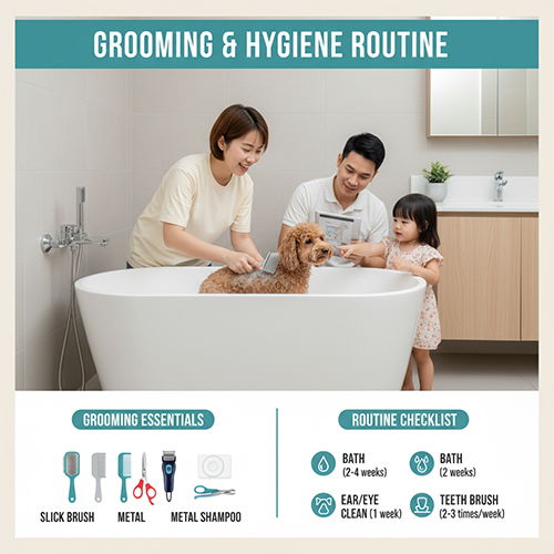 Gia đình tắm và grooming cơ bản cho chó Poodle trong bồn tắm với bộ dụng cụ cần thiết