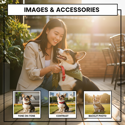 Corgi Tricolor đeo vòng cổ xanh rêu và phụ kiện nổi bật, minh họa các phong cách tone-on-tone, tương phản và chụp ảnh ngoài trời.