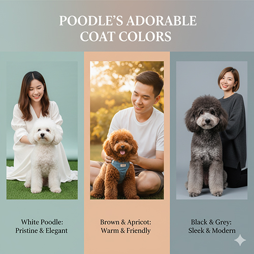 Hình ảnh chó Poodle dễ thương theo màu lông: trắng, nâu đỏ, đen và xám