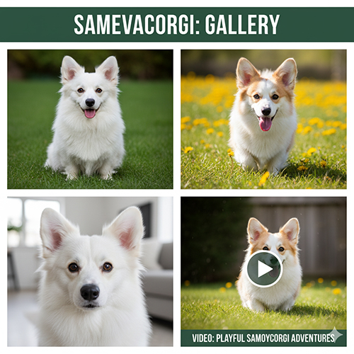 Hình ảnh & video Samoycorgi – chó lai Corgi Samoyed dáng vừa, lông trắng, cười xinh