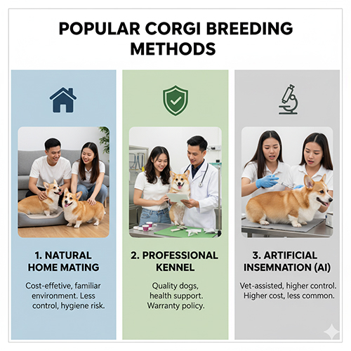 Các hình thức phối giống chó Corgi phổ biến: tự phối tại nhà, phối tại trại uy tín, phối nhân tạo (AI).