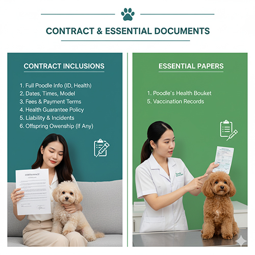 Hợp đồng phối giống chó Poodle và giấy tờ cần có: thông tin, chi phí, bảo hành đậu, sổ sức khỏe, tiêm phòng