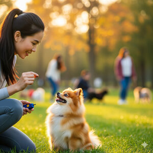 Cô gái Việt Nam đang huấn luyện chó Phốc Sóc Pomeranian trong công viên, chú chó ngồi ngoan và vui vẻ nghe lệnh.