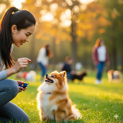 Cô gái Việt Nam đang huấn luyện chó Phốc Sóc Pomeranian trong công viên, chú chó ngồi ngoan và vui vẻ nghe lệnh.