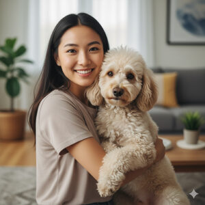Cô gái mỉm cười ôm chó Poodle lông xoăn màu kem trong phòng khách, minh họa bài viết huấn luyện Poodle.