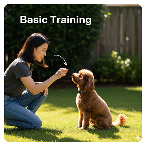 Cô gái huấn luyện chó Poodle nâu đỏ trong vườn bằng bánh thưởng, minh họa lệnh cơ bản.