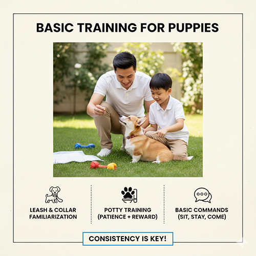Huấn luyện cơ bản cho chó Corgi con: tập đi vệ sinh, làm quen vòng cổ dây dắt và học lệnh ngồi, lại đây