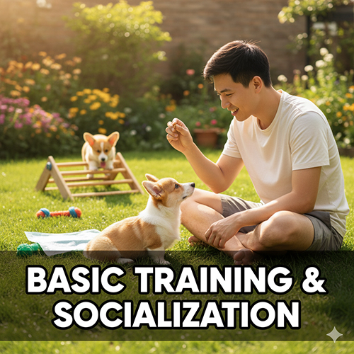 Huấn luyện cơ bản cho Corgi 2 tháng tuổi: tập đi vệ sinh đúng chỗ, làm quen dây dắt, lệnh ngắn gọn và xã hội hóa.