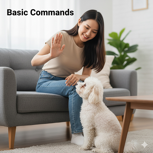 Cô gái ra hiệu tay dạy chó Poodle trắng ngồi ngoan trong phòng khách, minh họa huấn luyện lệnh cơ bản.