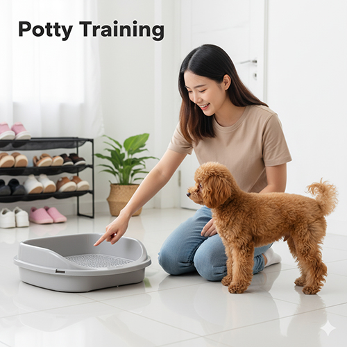 Cô gái chỉ vào khay vệ sinh để dạy chó Poodle nâu đỏ đi vệ sinh đúng chỗ trong nhà.